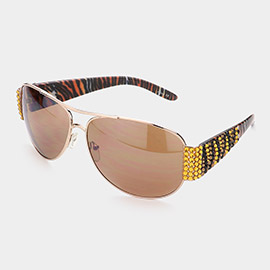 Zebra Pattern Crystal Embellished Rimless Frame Aviator Sunglasses