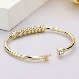 -T- Monogram Brass Metal Round Stone Tip Cuff Bracelet