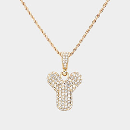 -Y- Rhinestone Monogram Pendant Brass Chain Necklace