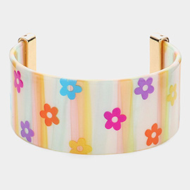 Flower Patterned Striped Resin Cuff Bracelet