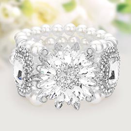 Flower Stone Embellished Pearl Stretch Bracelet