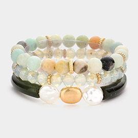 3PCS - Semi Precious Stone Pearl Resin Beaded Stretch Bracelets