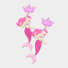 Glittered Resin Crown Mermaid Link Dangle Earrings