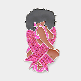 Pink Ribbon Accented Enamel Metal Afro Girl Pin Brooch