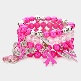 4PCS - Pink Ribbon Pointed Glove Afro Girl Angel Wing Hope Message Afro Girl Charm Pearl Stretch Bracelets