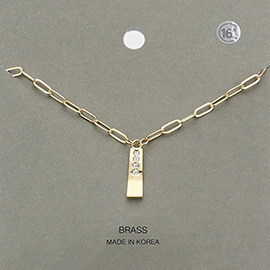 Brass Metal Stone Paved Bar Pendant Necklace