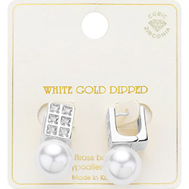 White Gold Dipped Square CZ Stone Pearl Drop Huggie Earrings