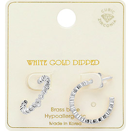 White Gold Dipped CZ Stone Link Round Hoop Earrings