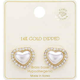 14K Gold Dipped CZ Stone Paved Heart Pearl Stud Earrings
