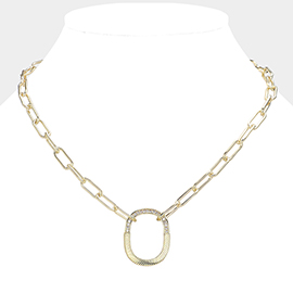 14K Gold Plated CZ Stone Paved Lock Pendant Paper Clip Chain Necklace