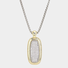 14K Gold Plated CZ Stone Paved Two Tone Oval Pendant Long Necklace