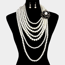 Faux Leather Threaded Flower Pointed Pearl Multi Layered Long Necklace