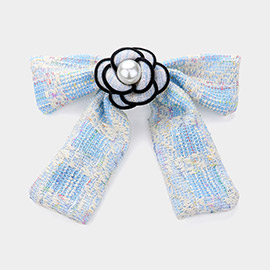 Pearl Pointed Flower Center Tweed Bow Barrette