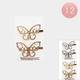 12 SET OF 2 - Pearl Accented Stone Paved Butterfly Alligator Snap Hair Pins