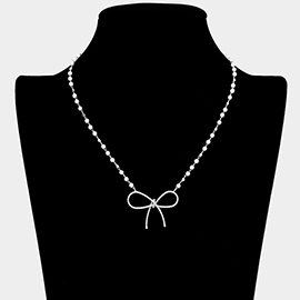 Textured Metal Bow Pendant Pointed Pearl Station Necklace