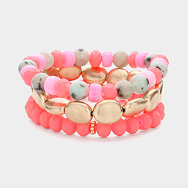 3PCS - Metal Faceted Beaded Stretch Multi Layered Bracelets