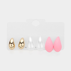 3Pairs - Metal Pearl Matte Teardrop Stud Earrings Set