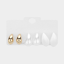 3Pairs - Metal Pearl Matte Teardrop Stud Earrings Set
