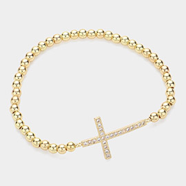 Stainless Steel Stone Paved Cross Pendant Pointed Stretch Bracelet