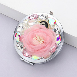 Floral Multi Bead Embellished Circle Compact Mirror 