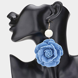 Pearl Ball Pointed Oversized Denim Rose Dangle Earrings