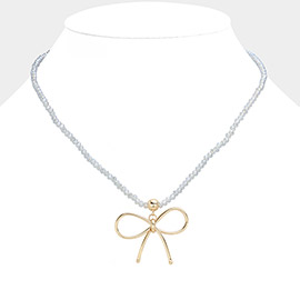 Faceted Beaded Brass Metal Wire Bow Pendant Necklace