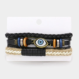 3PCS - Unisex Bohemian Evil Eye Pointed Wax Rope Genuine Leather Braided Adjustable Bracelet Wood Beaded Stretch Bracelet Set