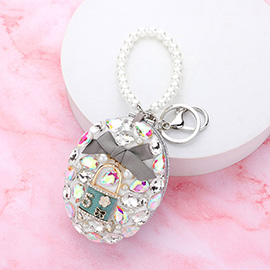 Bow Lock Pointed Teardrop Stone Embellished Oval Compact Mirror / Keychain with Pearl Chain