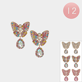 12Pairs - Rhinestone Paved Butterfly Teardrop Cluster Dangle Earrings