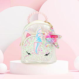 HOT FOCUS -Unicorn Pointed Sequin Embellished Tiny Mini Backpack with Star Keychain Pouch