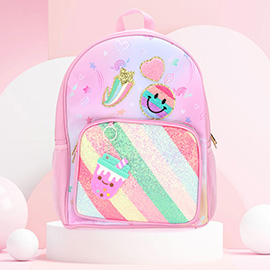 HOT FOCUS - Smile Heart Shooting Star Patch Decorative Deluxe Backpack with a Fun Boba Keychain