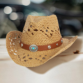 Vintage Natural Stone Accented Faux Leather Band Open Weave Panama Cowboy Straw Hat