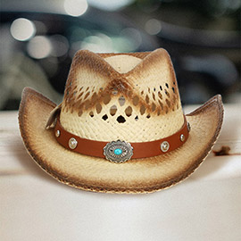 Vintage Natural Stone Accented Faux Leather Band Open Weave Gradation Panama Cowboy Straw Hat