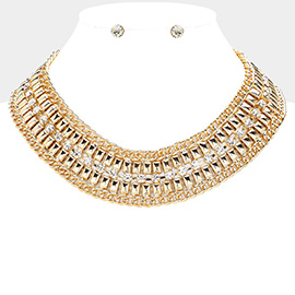 Stone Pointed Mesh Chain Bib Necklace