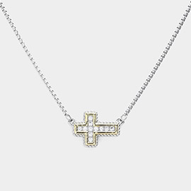 14K Gold Plated CZ Stone Paved Cross Pendant Necklace