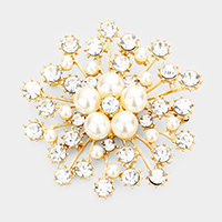 Floral Pearl Round Stone Pin Brooch
