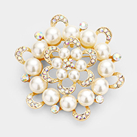 Round Crystal Pearl Flower Pin Brooch