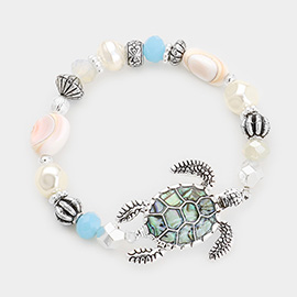 Abalone Antique Sliver Turtle Pearl Multi Beaded Stretch Bracelet
