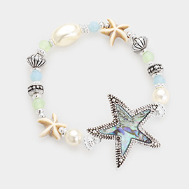 Abalone Antique Sliver Starfish Pearl Multi Beaded Stretch Bracelet