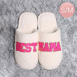 Sequin Trimmed Best Mama Message Soft Home Indoor Floor Slippers
