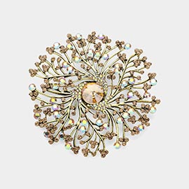 Round Stone Centered Rhinestone Embellished Branch Flower Pin Brooch