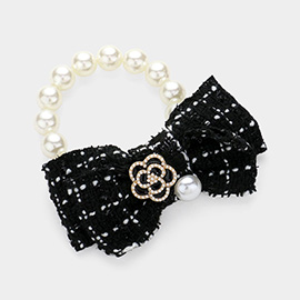 Enamel Flower Pearl Pointed Tweed Bow Bracelet / Hair Band