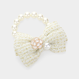 Enamel Flower Pearl Pointed Tweed Bow Bracelet / Hair Band