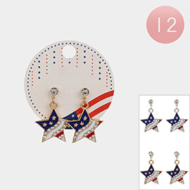 12Pairs - American USA Rhinestone Paved Enamel Star Dangle Earrings